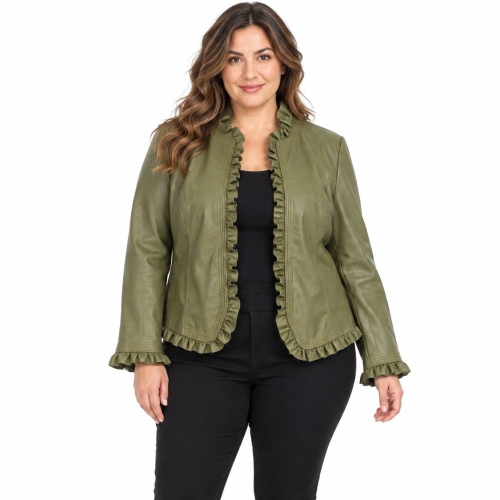 Hot in Hollywood NWT Womens XL Olive Green Faux Leather Ruffle Jacket Boho Y2K